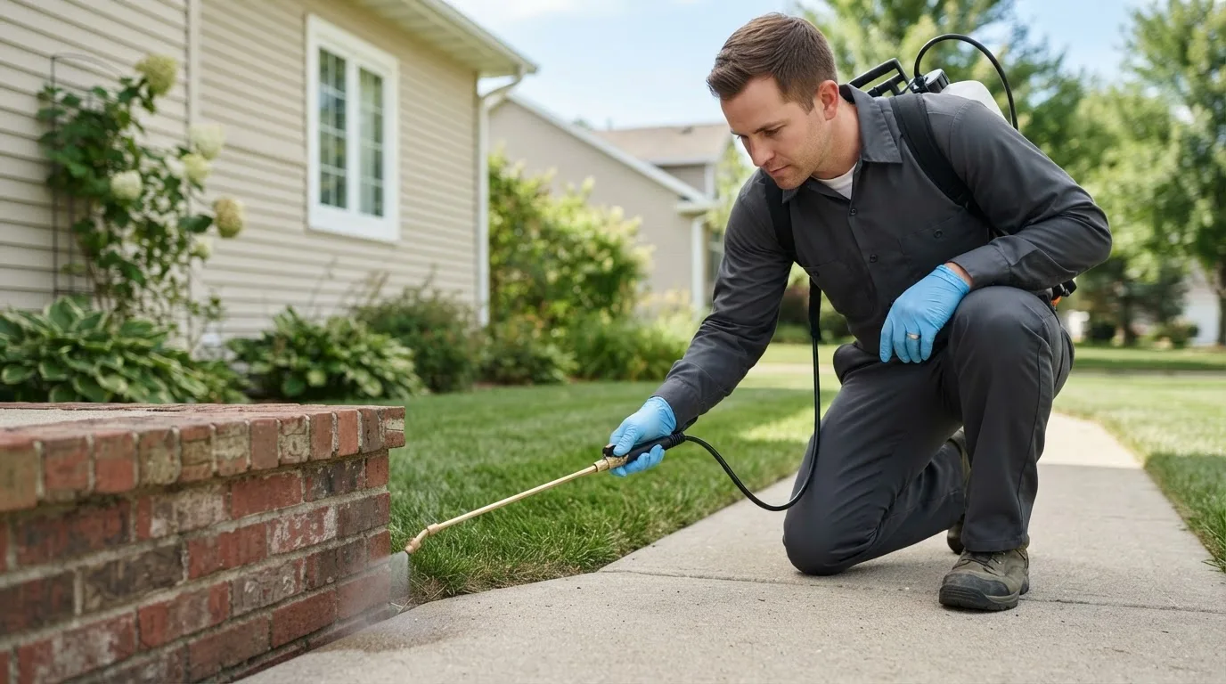 Pest control technician treating a home near Columbus Junction, IA