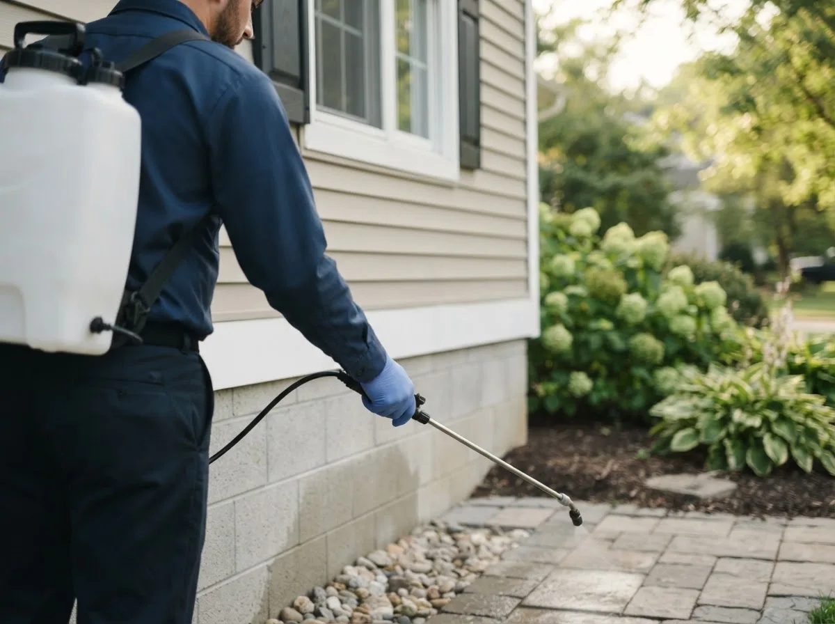 Pest control technician inspecting a home in Columbus Junction, IA